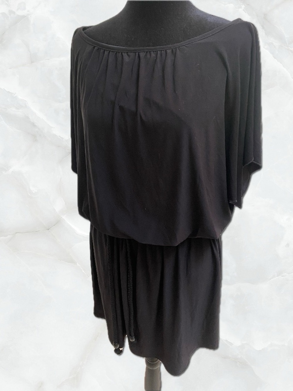 Black Blouson Mini Dress with Tie Waist